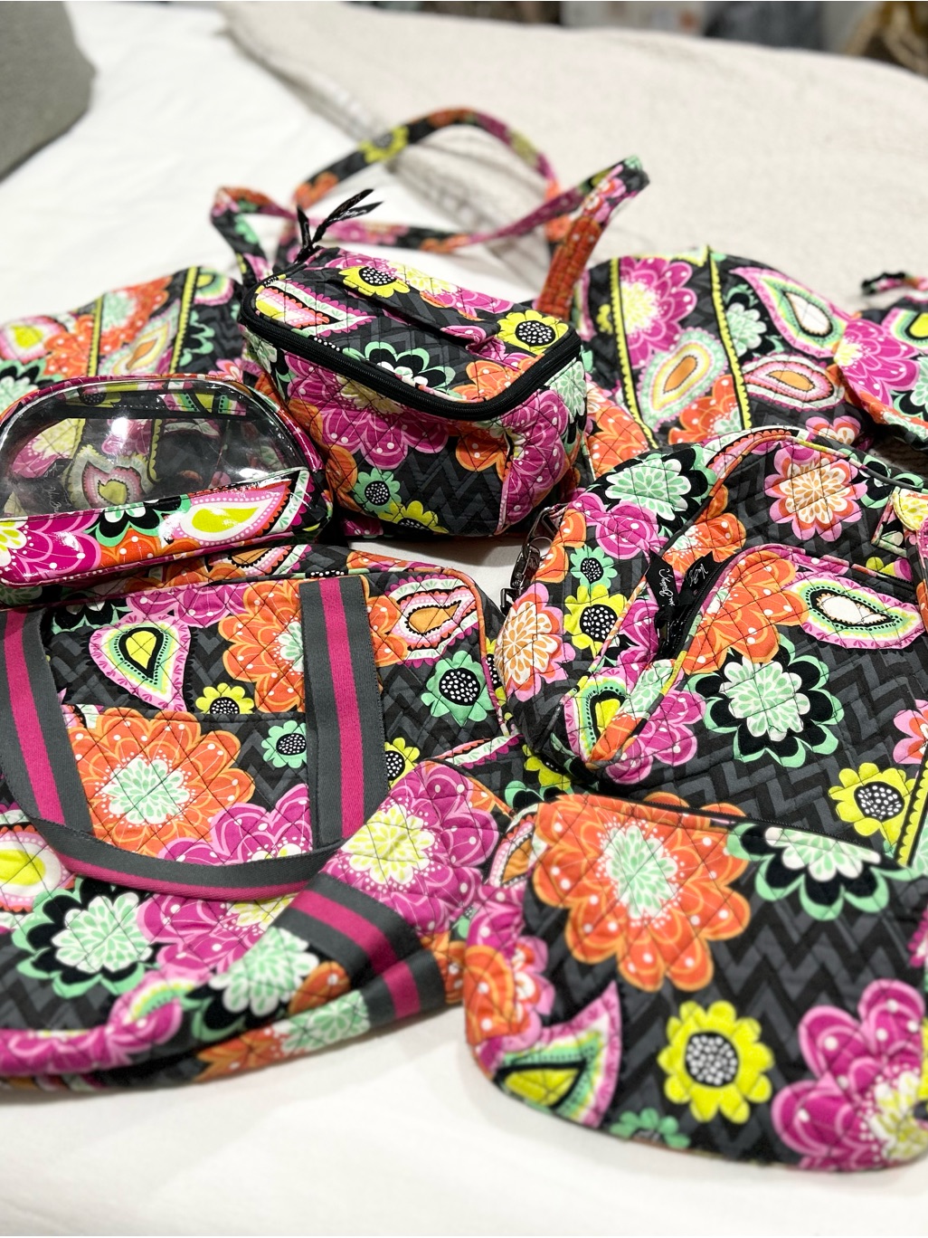 Vera Bradley Floral Quilted Travel Bag Set In Black, Pink, Orange, Green, Yellow